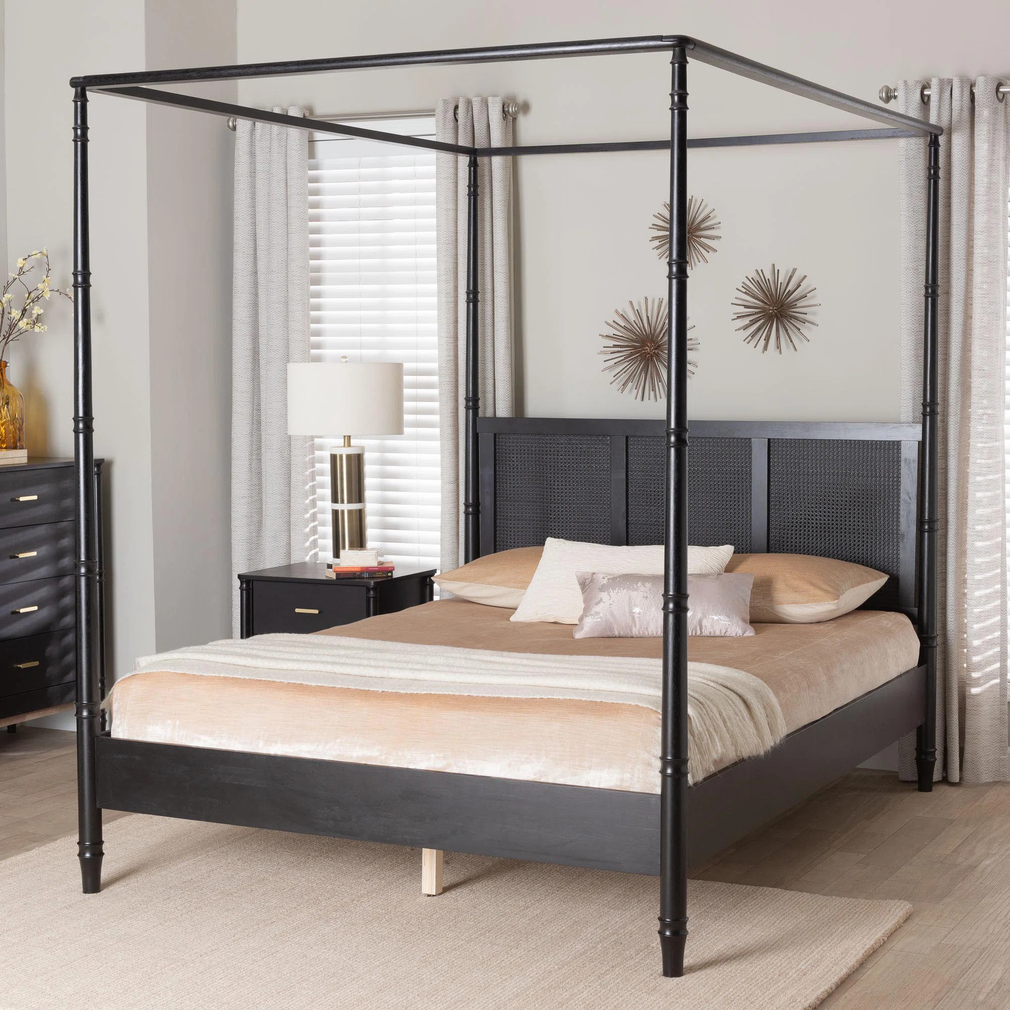 Baxton Studio Gradimir Canopy Bed With Synthetic Rattan Headboard - Black Wood Bed Frame With Bam... | Wayfair North America