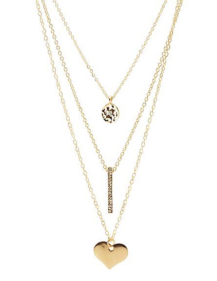 Disk, Bar &amp; Heart Layered Necklace | Charlotte Russe