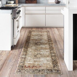 Alexander Home Isabelle Vintage Printed Area Rug (2'6" x 12' - Olive/Charcoal) | Bed Bath & Beyond