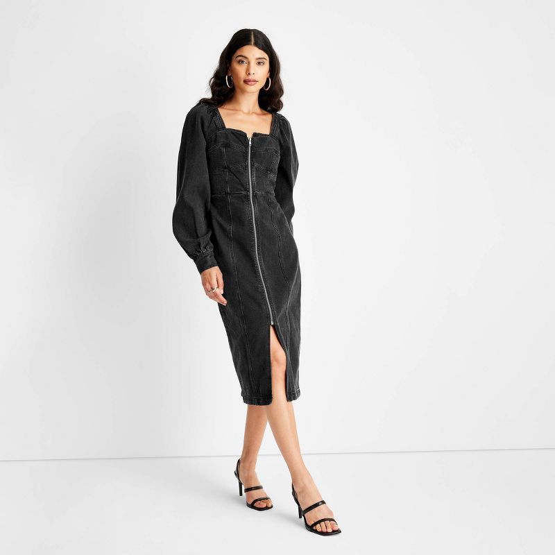 Women's Puff Long Sleeve Zip-Front Denim A-Line Dress - Future Collective™ with Kahlana Barfiel... | Target