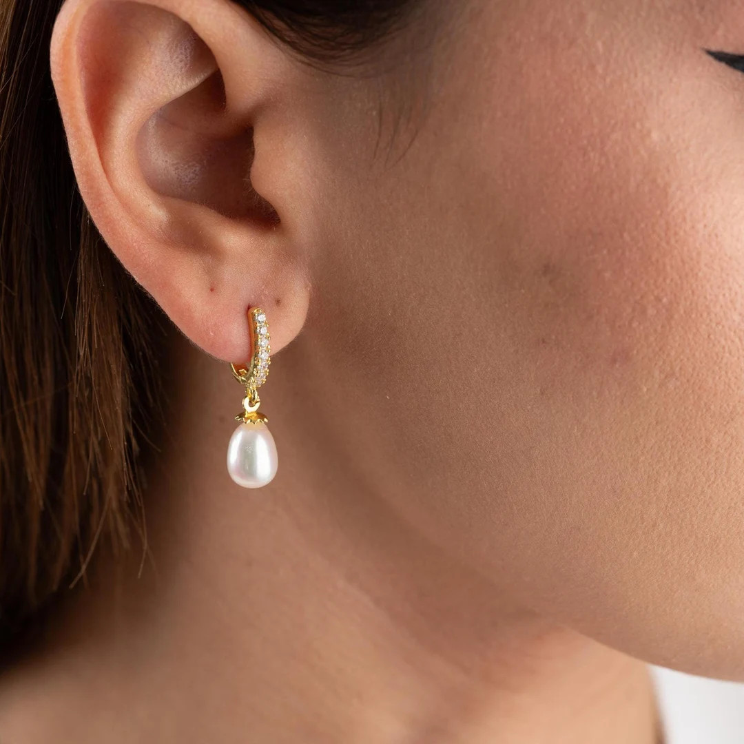 Pearl Tear Drop Dangle Earrings With Zircon Stones Gold Dangling Pearl Earrings Silver Pearl Earr... | Etsy (US)