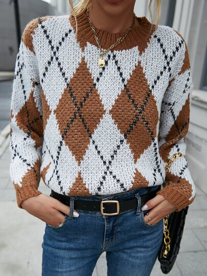 Argyle Pattern Crew Neck Sweater | SHEIN