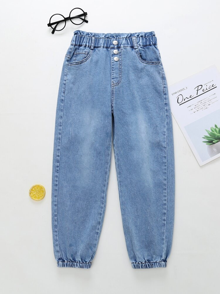 Girls Paperbag Waist Button Front Jeans | SHEIN