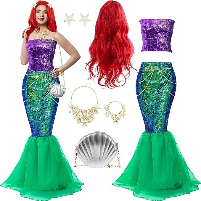 Toulite 8 Pcs Halloween Mermaid Costume for Women Sequin Top Skirt Wig Shell Bag Jewelry Set for ... | Amazon (US)