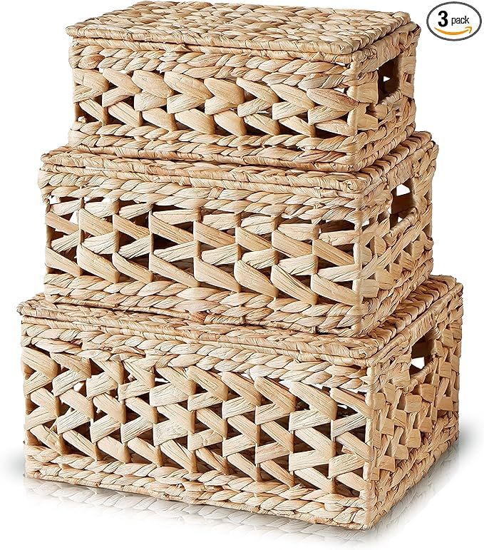Chi An Home Wicker Lidded Hyacinth Storage Baskets Pack 3, Rectangular Baskets with Lids for Orga... | Amazon (US)