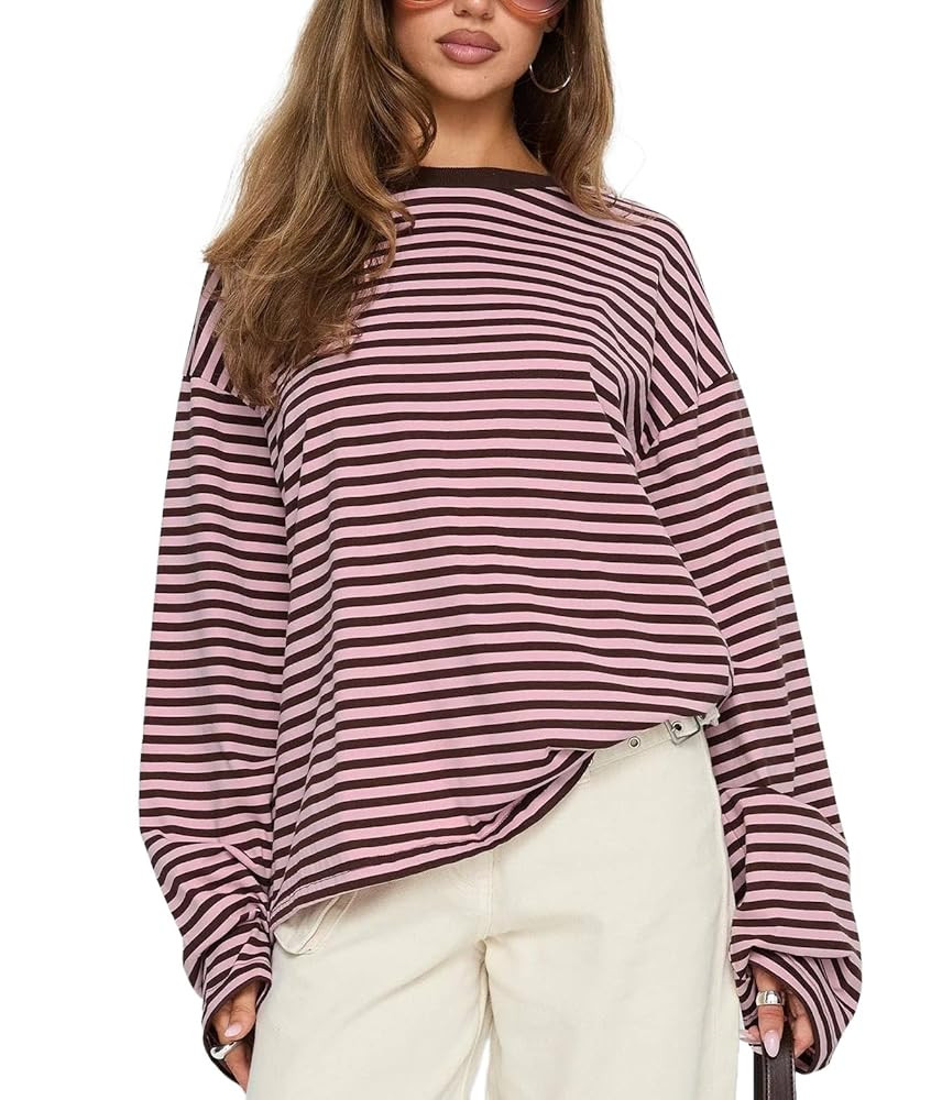 Striped Long Sleeve Shirt Women Y2k Oversized Crewneck Vintage Tops Fall Winter Drop Shoulder Cut... | Amazon (US)
