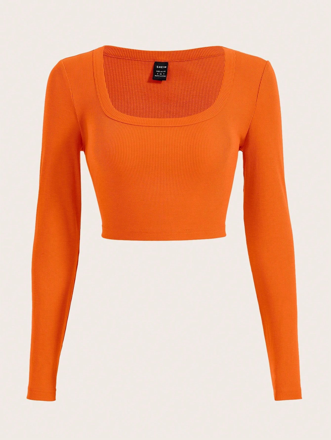 SHEIN EZwear Spring Solid Neon Orange Square Neck Slim Fit Long Sleeves Crop Tee | SHEIN USA | SHEIN