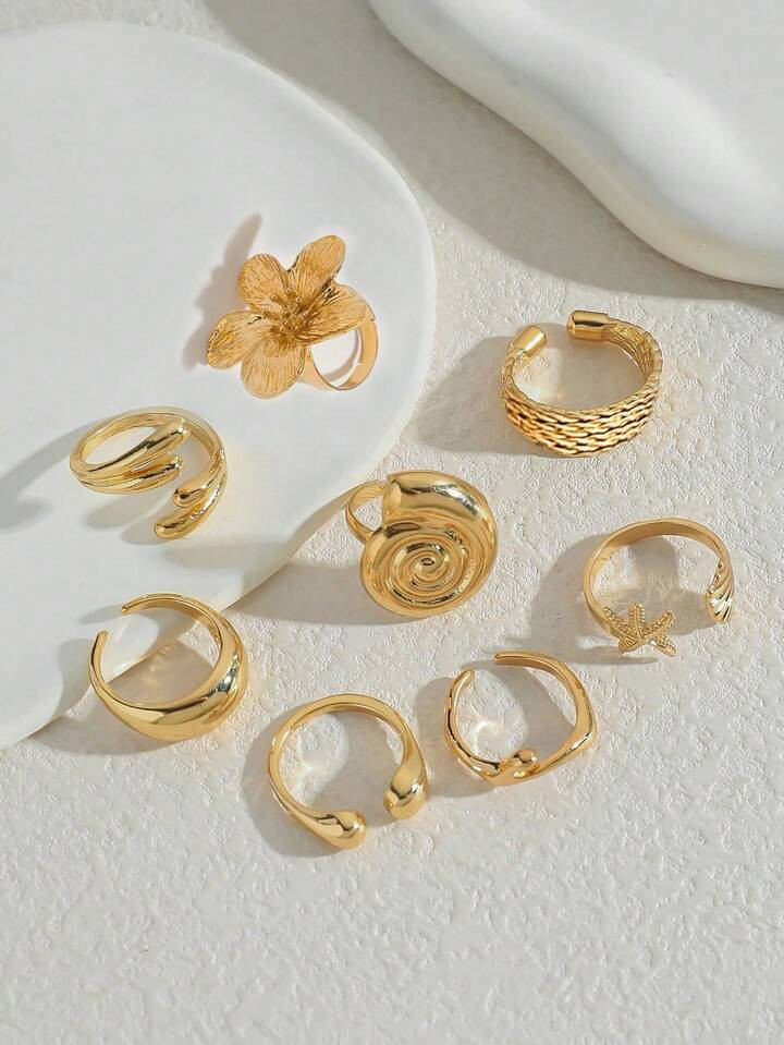 8 Pieces/Set Vintage Smooth Vegan Ring Fashion Ring Bohemian Starfish Personalized Ring | SHEIN