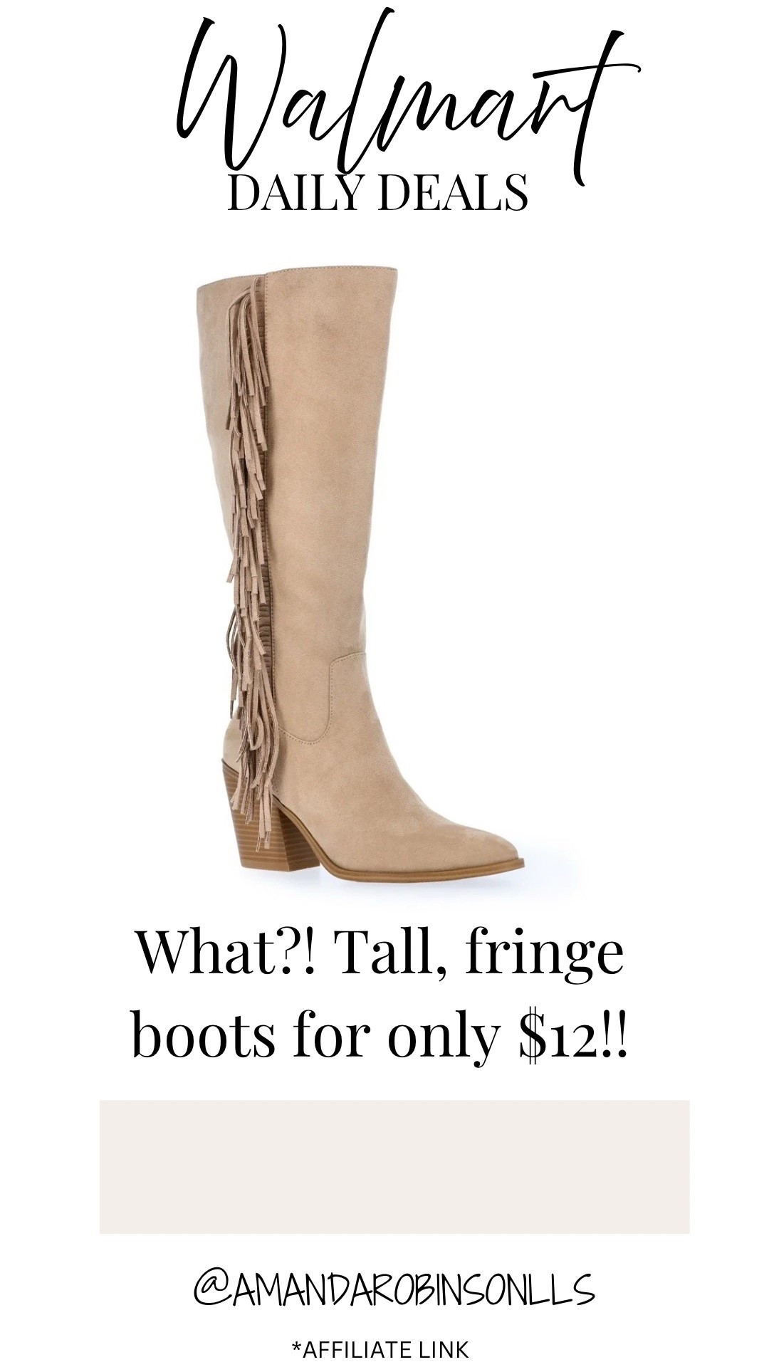 Walmart daily deals
Tall women’s fringe boots 

#LTKSaleAlert