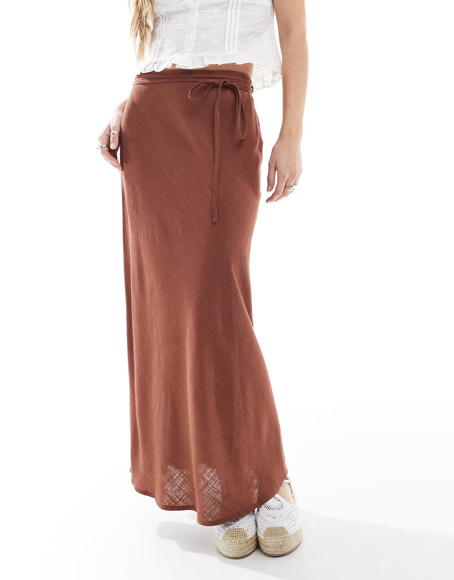 ASOS DESIGN linen blend bias midi skirt in brown | ASOS | ASOS (Global)