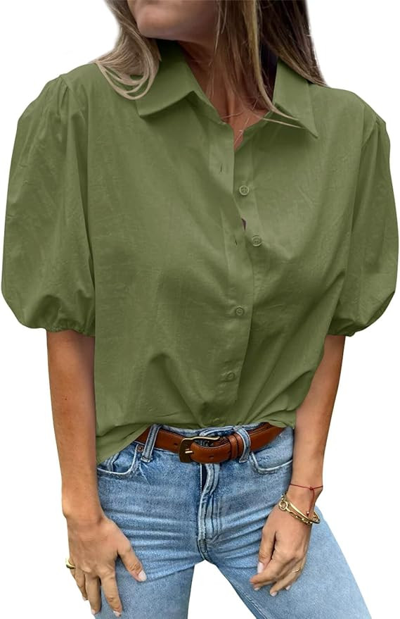 Tankaneo Women's Button Down Shirts Short Puff Sleeve Collared Dressy Casual Blouse Tops | Amazon (US)
