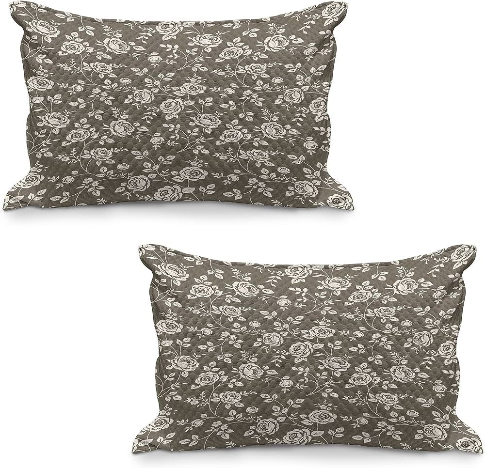 Lunarable Rose Quilted Pillowcover Set of 2, Silhouette Pattern of Rose Branches Twig Ornamental Old | Amazon (US)