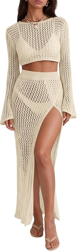Saodimallsu Womens Crochet Beach Cover Ups Set 2 Piece 2026 Boat Neck Crop Long Sleeve Tops High ... | Amazon (US)