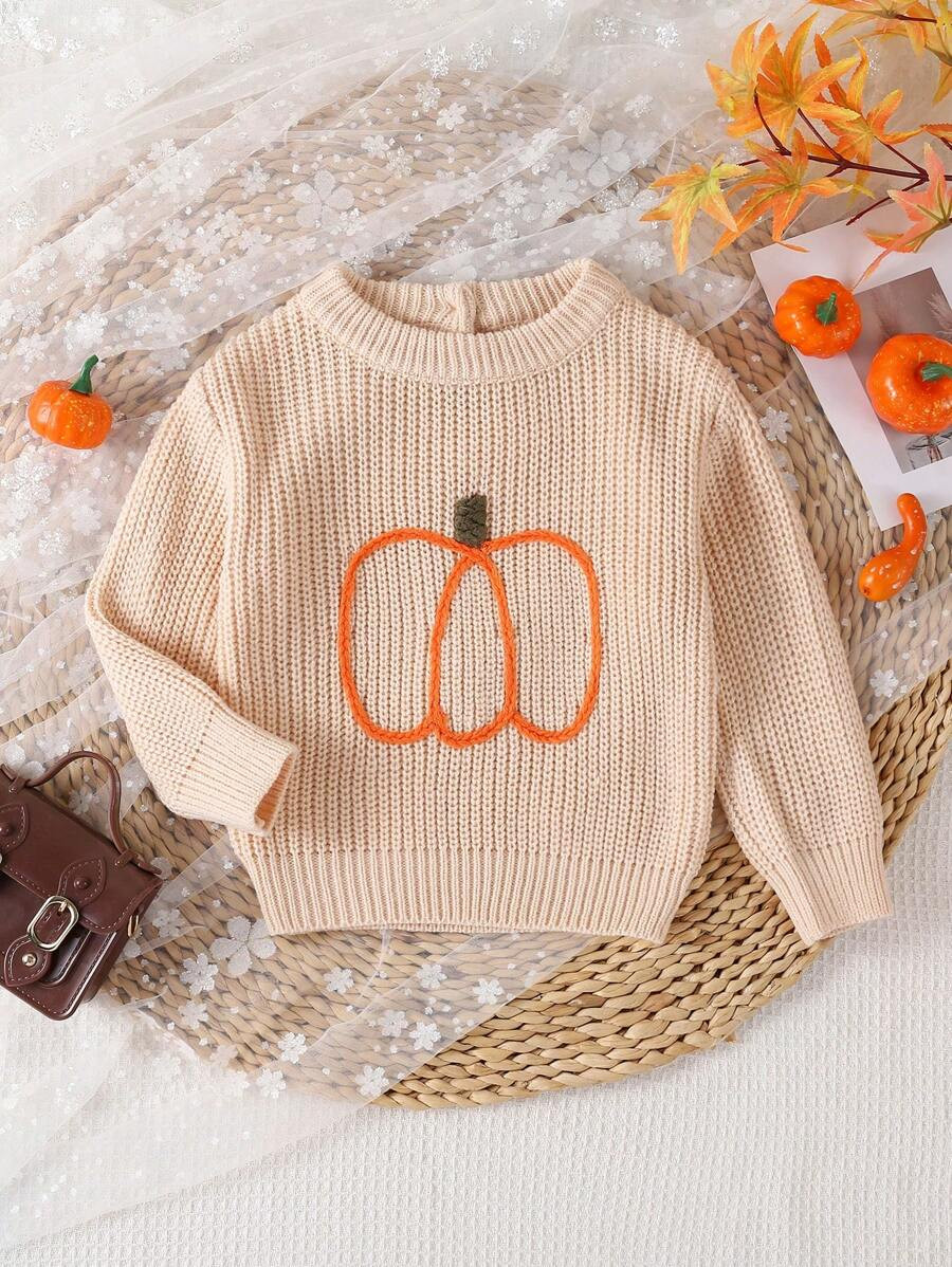 SHEIN Vintaside Kids Baby Girls' Long Sleeve Crew Neck Sweaters, Orange, Beige, White, Orange, Pu... | SHEIN