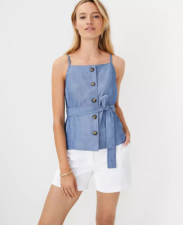 Chambray Button Tie Waist Tank Top | Ann Taylor | Ann Taylor (US)