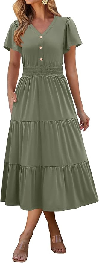 ANRABESS Womens Summer Casual Short Sleeve V Neck Midi Dresses Button Down A Line Flowy Tiered 20... | Amazon (US)