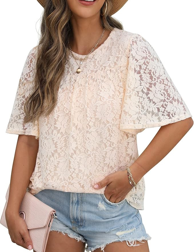 GRECERELLE Womens Summer Loose Ruffle Bell Sleeve Tops Crewneck Floral Textured Lace Cute Babydol... | Amazon (US)