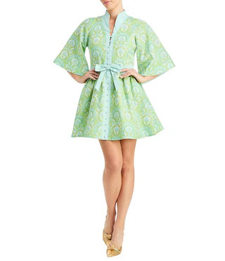 Mestiza New York Carmen Trellis Print Linen Blend Mandarin Collar 34 Butterfly Sleeve Tie Waist Mini Dress - 2 | Dillard's