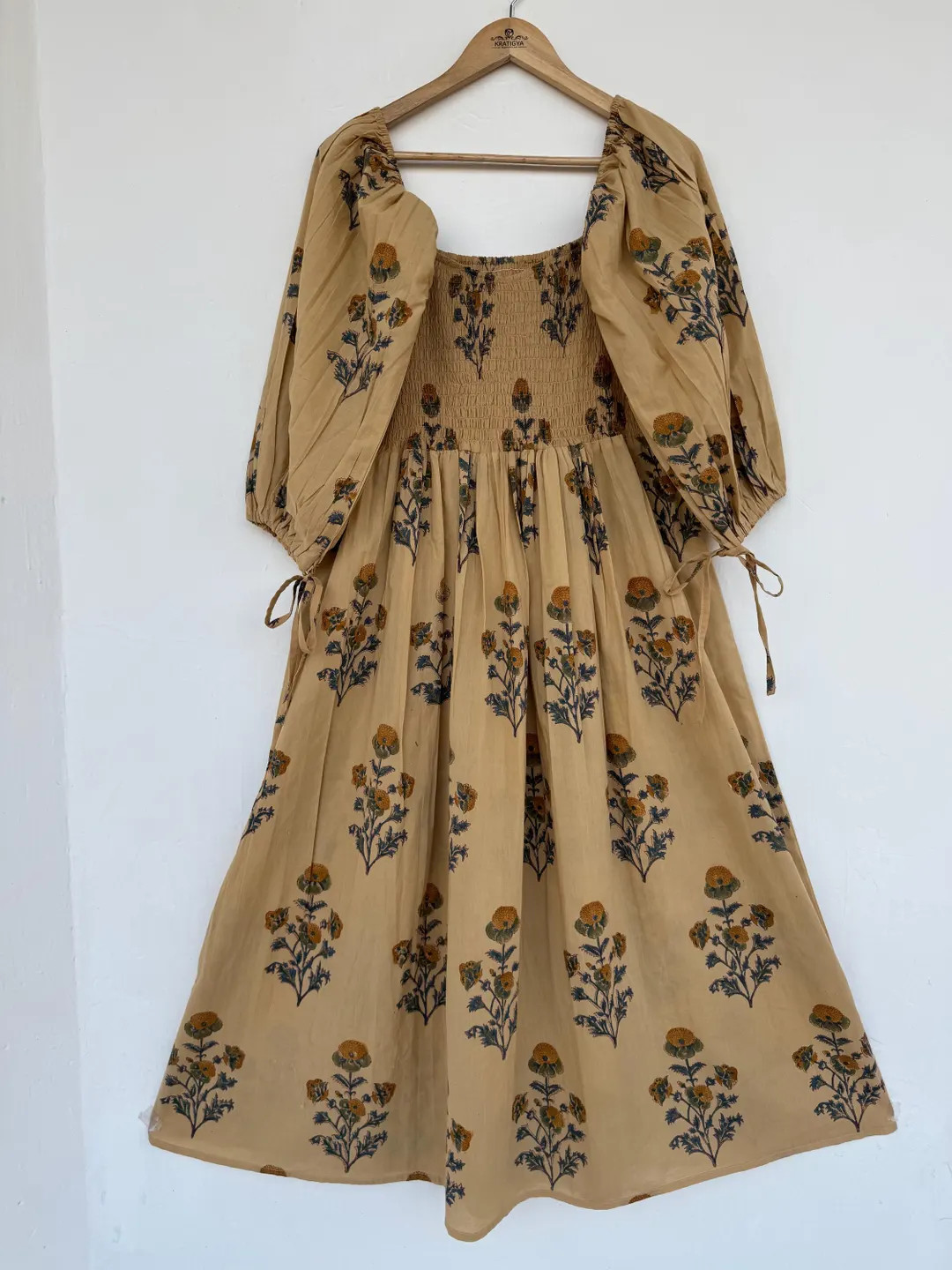 100% Cotton Hand Block Printed Maxi - Bohemian Long Dress - Smocked Dress - Etsy | Etsy (US)