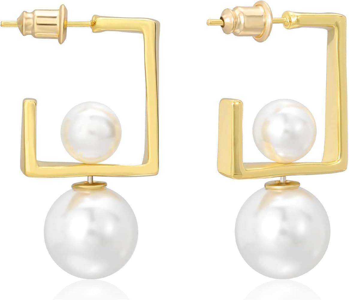 Pearl Earrings Studs 16K Gold Plated Multi-Wearing Pearl Pendants 925 Sterling Silver Needle Doub... | Amazon (US)