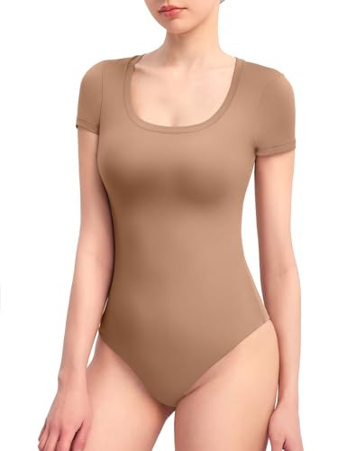 PUMIEY Women's Scoop Neck Short Sleeve Bodysuit Slimming Fit Body suit Top, Taffy Small | Amazon (US)