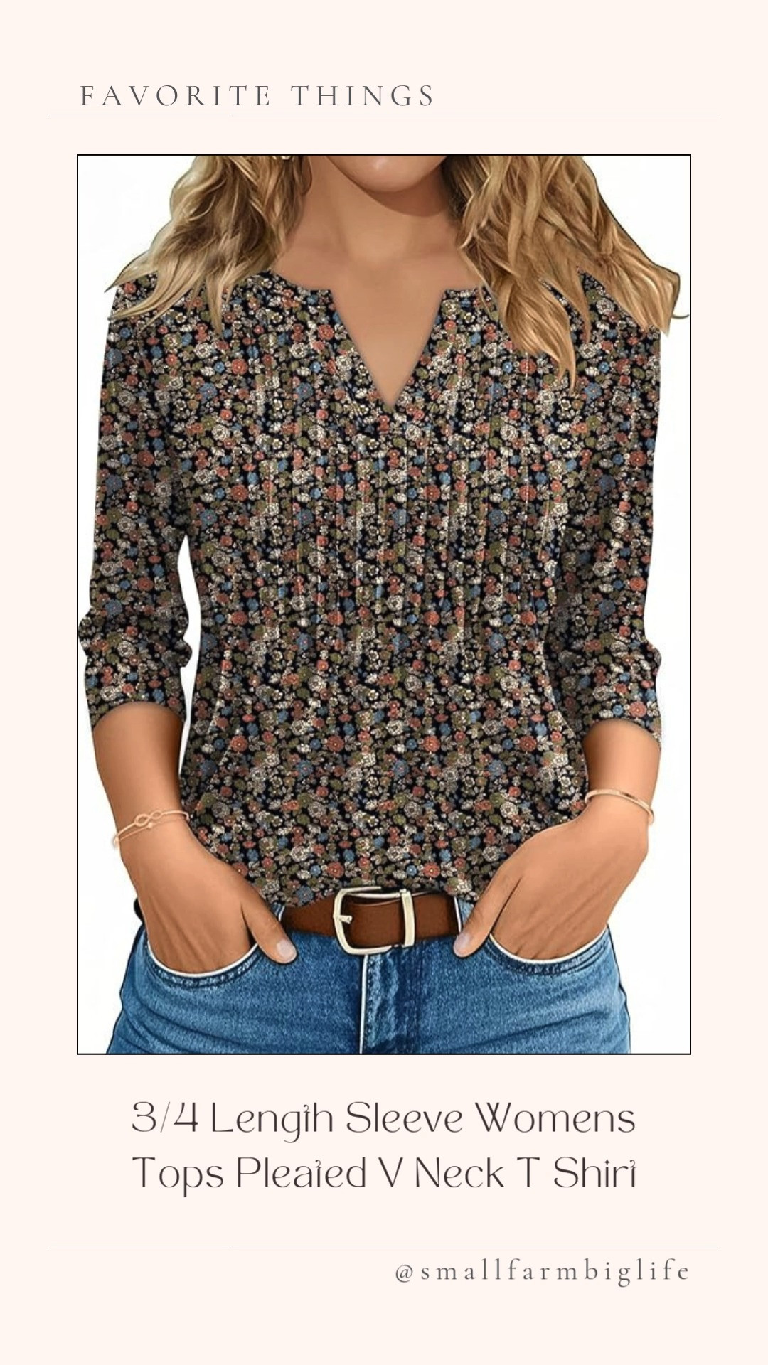 One of my current favorite everyday tops 🌸✨

I’m 5’2” and grabbed this floral 3/4 length sleeve pleated V-neck in a large for a nice, flowy spring fit. It’s easy to pair with jeans or olive pants and feels polished without trying too hard 🤍 

 #LTKgrwm #LTKootd #LTKOver40