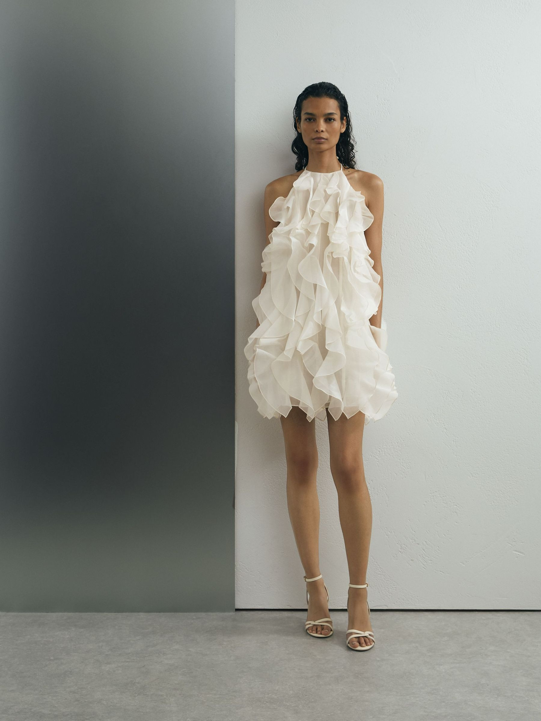 Reiss Atelier Silk-Organza Ruffle Mini Dress in Off White - REISS | Reiss UK
