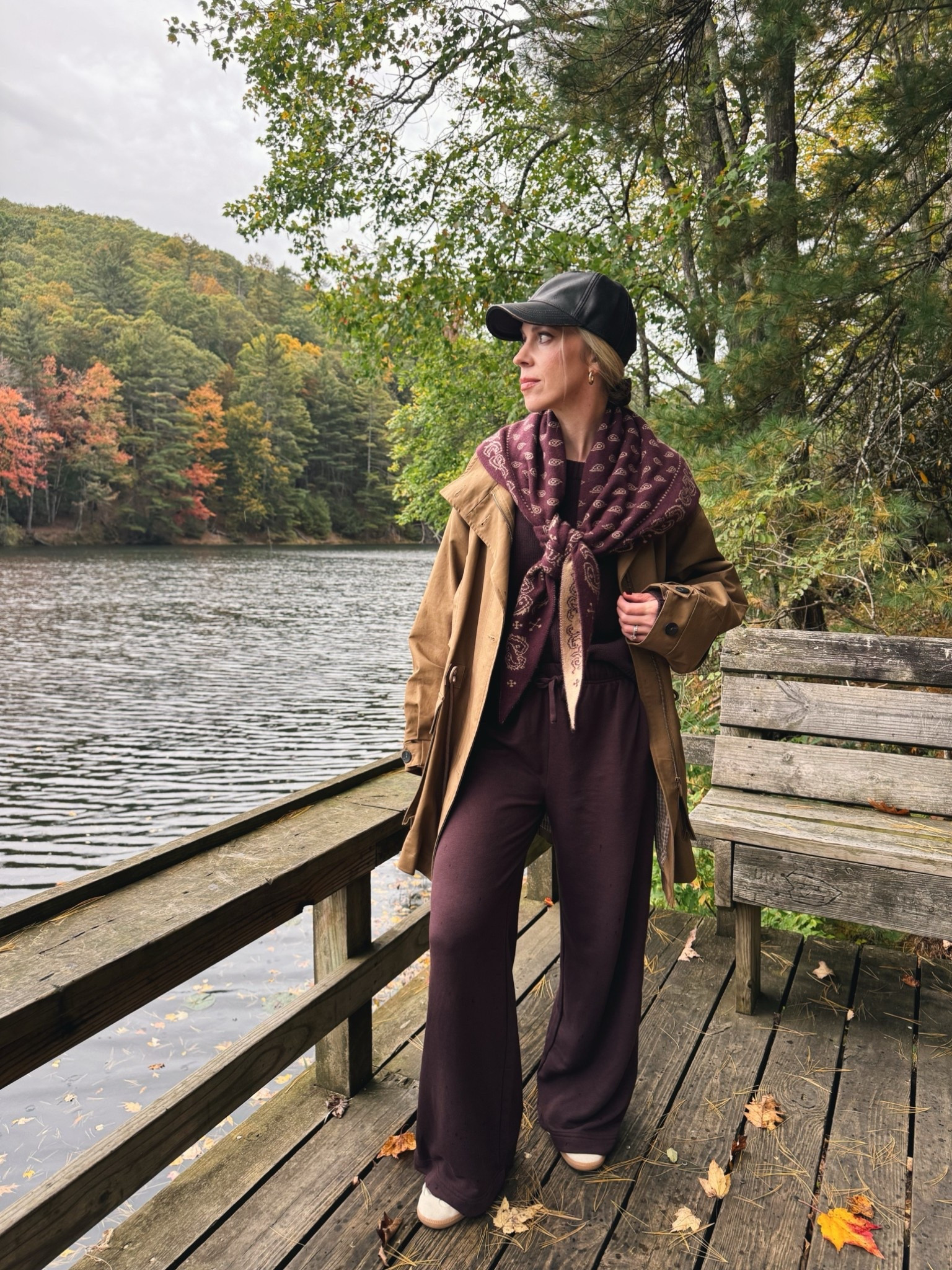 Fall trip outfit, fall weekend at the lake, @Guest In Residence bandana print scarf, trench coat, burgundy fall outfit