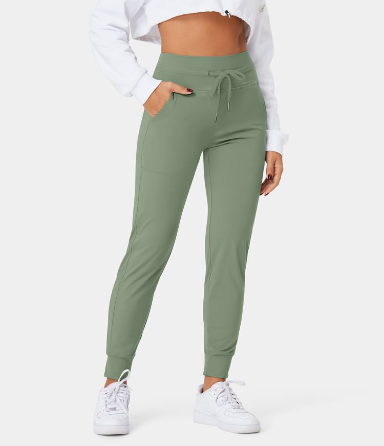 Softlyzero™ Airy High Waisted Drawstring Side Pocket Plain Cool Touch Full Length Joggers | HALARA