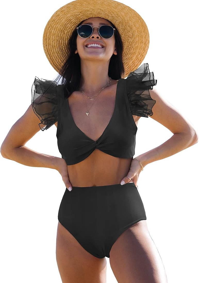 SPORLIKE Women Ruffle High Waist Swimsuit Two Pieces Push Up Tropical Print Bikini | Amazon (US)