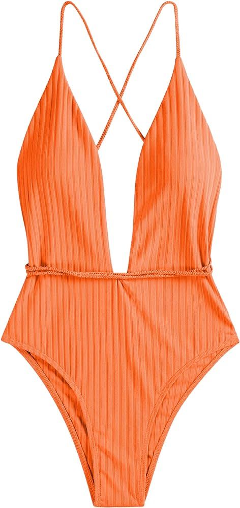 ZAFUL Women’s Ribbed One Piece Swimsuit Deep V Neck Bathing Suit Crisscross Back Self Tie Monok... | Amazon (US)