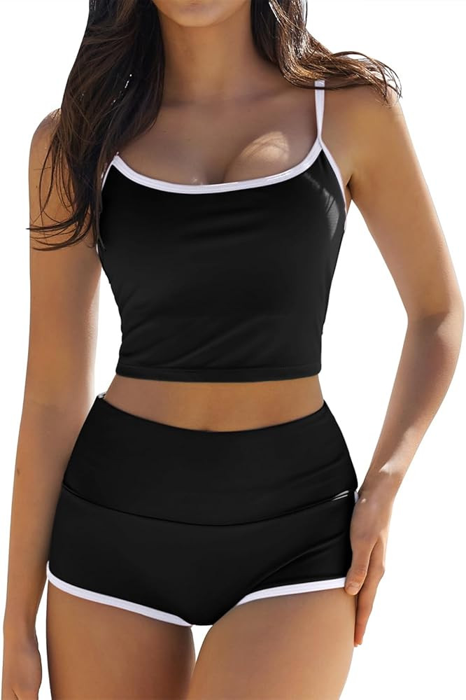 QINSEN Women's Two Piece Swimsuit Spaghetti Strap Crop Top with High Wasited Boyshort Style Bikin... | Amazon (US)
