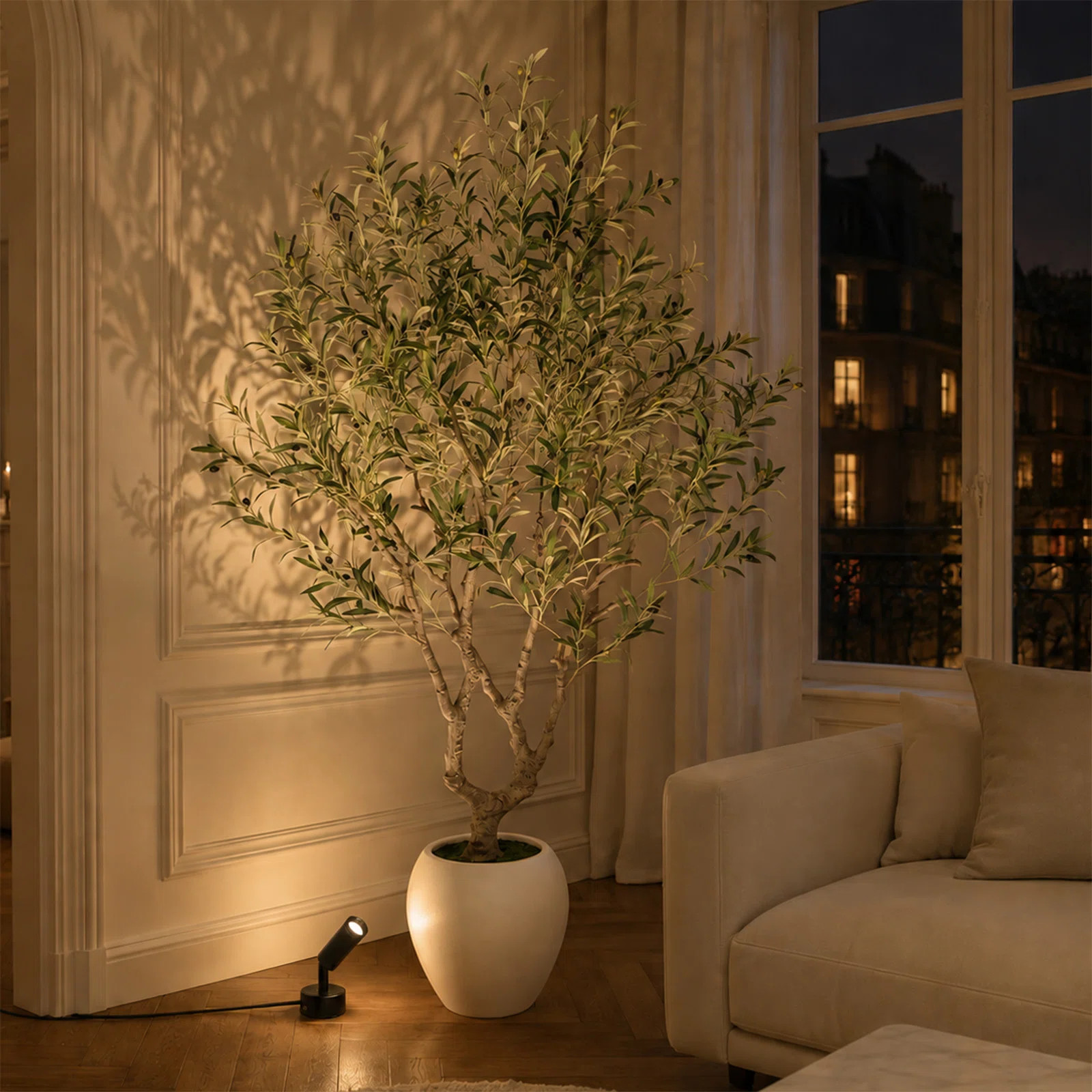 Artificial Olive Tree with Warm White Spotlight & Planter - Grand Faux Floor Plant with Curved Trunk (7ft, 8ft) | Wayfair North America