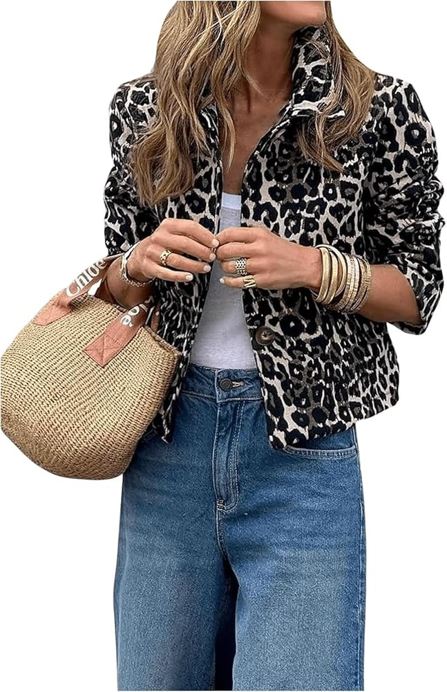 Floerns Women's Leopard Print Collared Neck Jacket Puff Long Sleeve Button Down Outwear | Amazon (US)