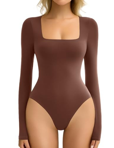 Avidlove Women's Long Sleeve Bodysuit Double Lined Square Neck Body Suit Tops Snap Closure Soft (Brown,XXL) | Amazon (US)