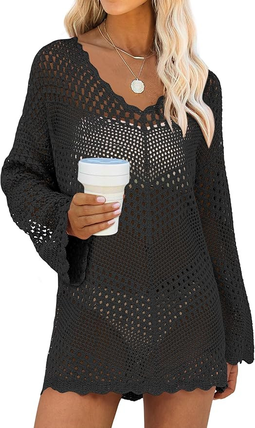 ANRABESS Swimsuit Cover Up for Women Crochet Bathing Suit Summer Swimwear V Neck Mesh Knit Dress ... | Amazon (US)