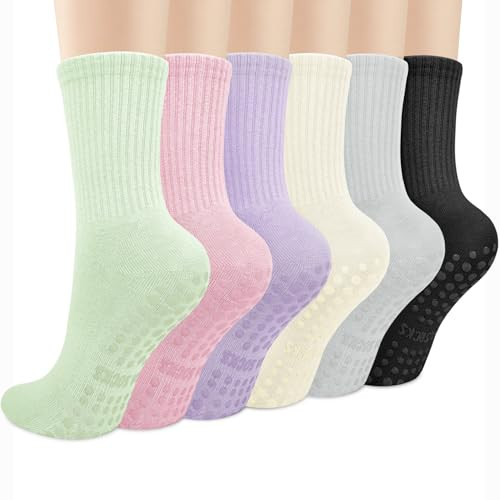 Justay 6 Pairs Pilates Socks with Grips for Women Soft Non Slip Crew Cotton Socks Athletic Workout Barre Hospital Yoga Socks | Amazon (US)