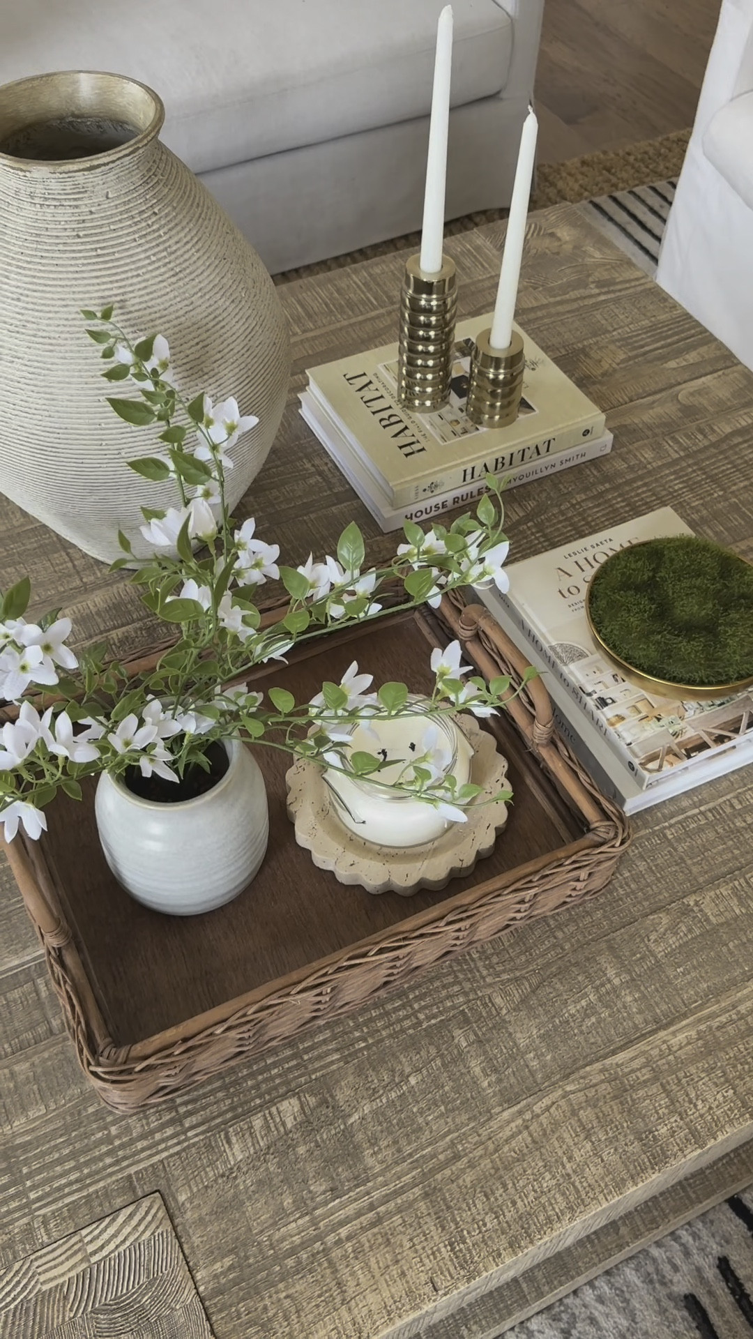 Cozy Target finds you didn’t know you needed! ✨ This moss bowl, ceramic candlesticks, floral quilt, blanket, and wreath added the perfect touches of warmth and texture to our home. Spring decor // coffee table 

#LTKWatchNow #LTKHome #LTKSeasonal