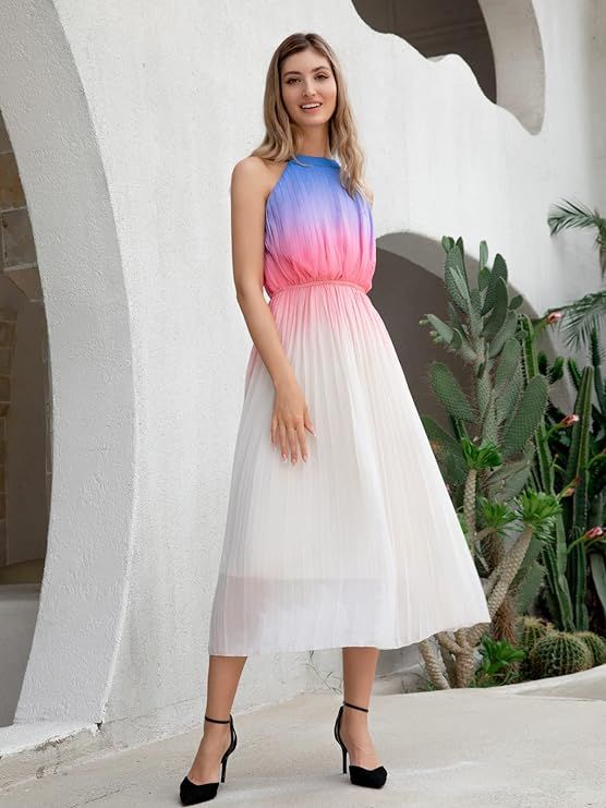 Paintcolors Women's Halter Sleeveless Pleated Long Maxi Dress Backless Ombre Summer Beach Chiffon... | Amazon (US)