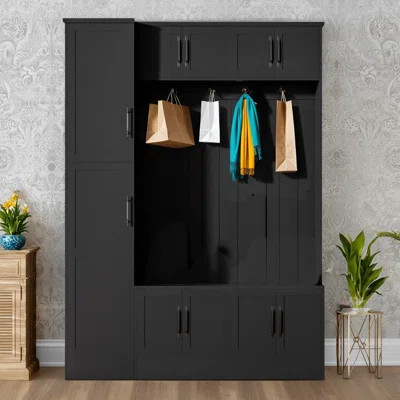 79-inch Black Coat Rack For Hallway/living Room, 4-in-1 Design With Entryway Bench, Shoe Cabinet + 6 Cabinets + 4 Coat Hooks + Adjustable Shelves, Pra | Wayfair North America
