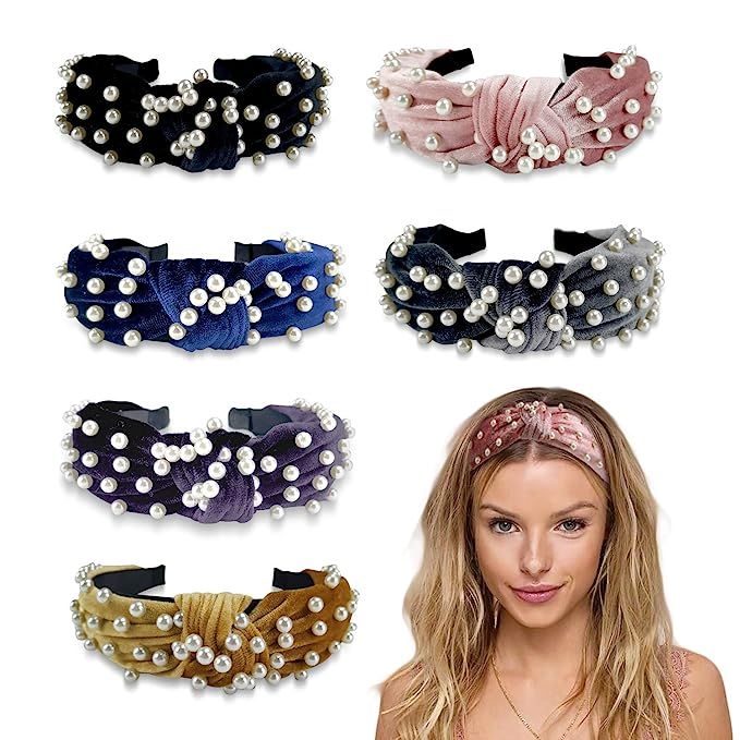 Pearl Headband for Women - 6 Pack Knot Headband with Pearls Wide Headbands Turban Velvet Pearl He... | Amazon (US)