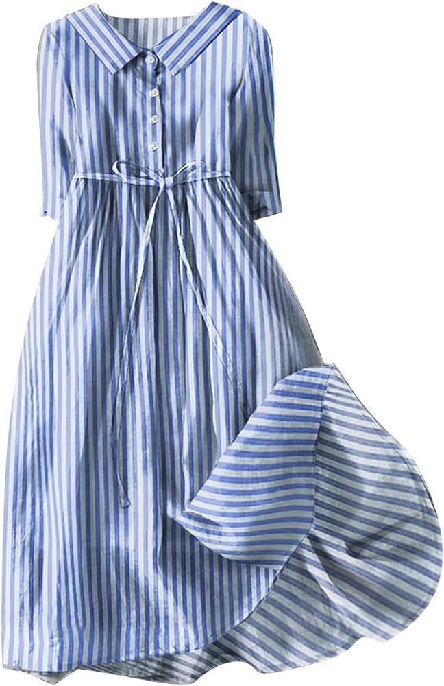 Cotton Linen Dresses for Women 2024 Maxi Button Down Plus Size A Line Dress Trendy 3/4 Sleeve Flo... | Amazon (US)