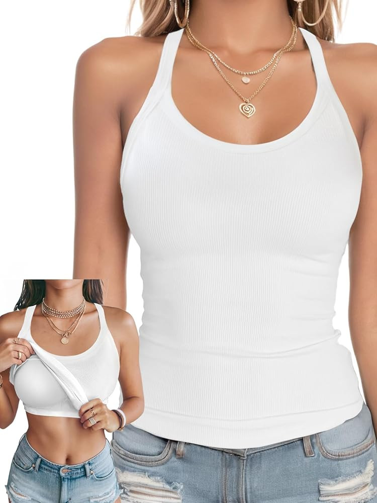 Ninee Womens Tank Tops with Built in Bra Summer Adjustable Spaghetti Straps Camisole Ribbed Cami ... | Amazon (US)