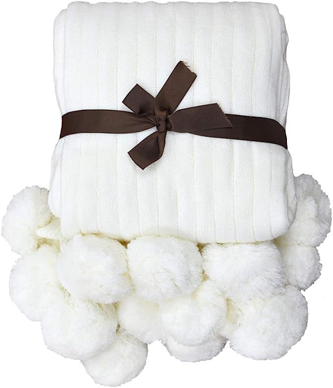 TEALP Pom Pom Blanket White Cotton Knitted Throw Blanket with Pom Poms ( Cream White, 40''x60'') | Amazon (US)