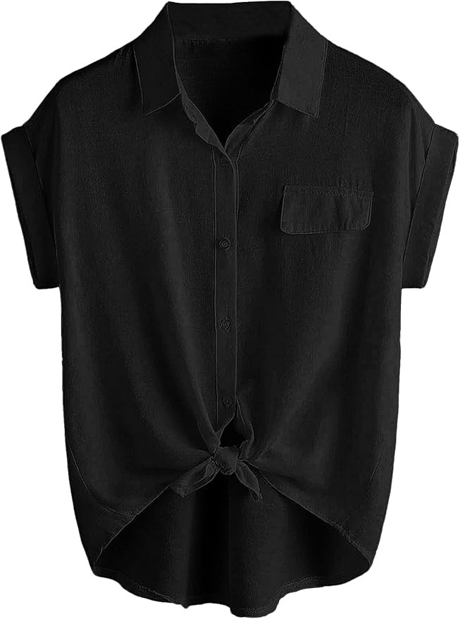 Milumia Women Casual Short Sleeve Button Down Collar Shirt Blouse Front Tie Knot Tops | Amazon (US)