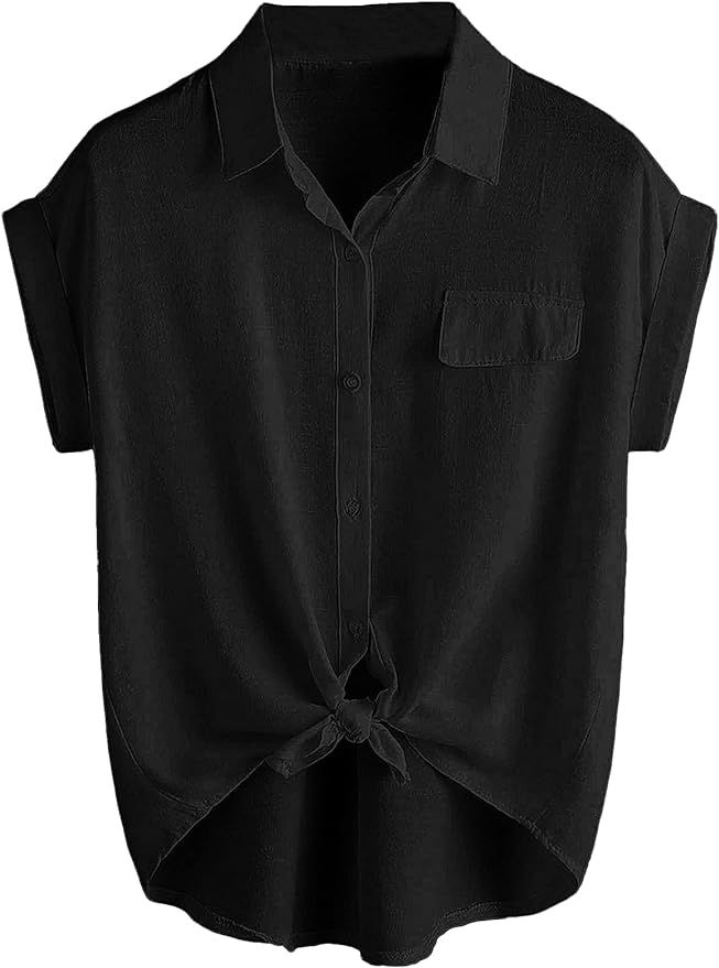 Milumia Women Casual Short Sleeve Button Down Collar Shirt Blouse Front Tie Knot Tops | Amazon (US)