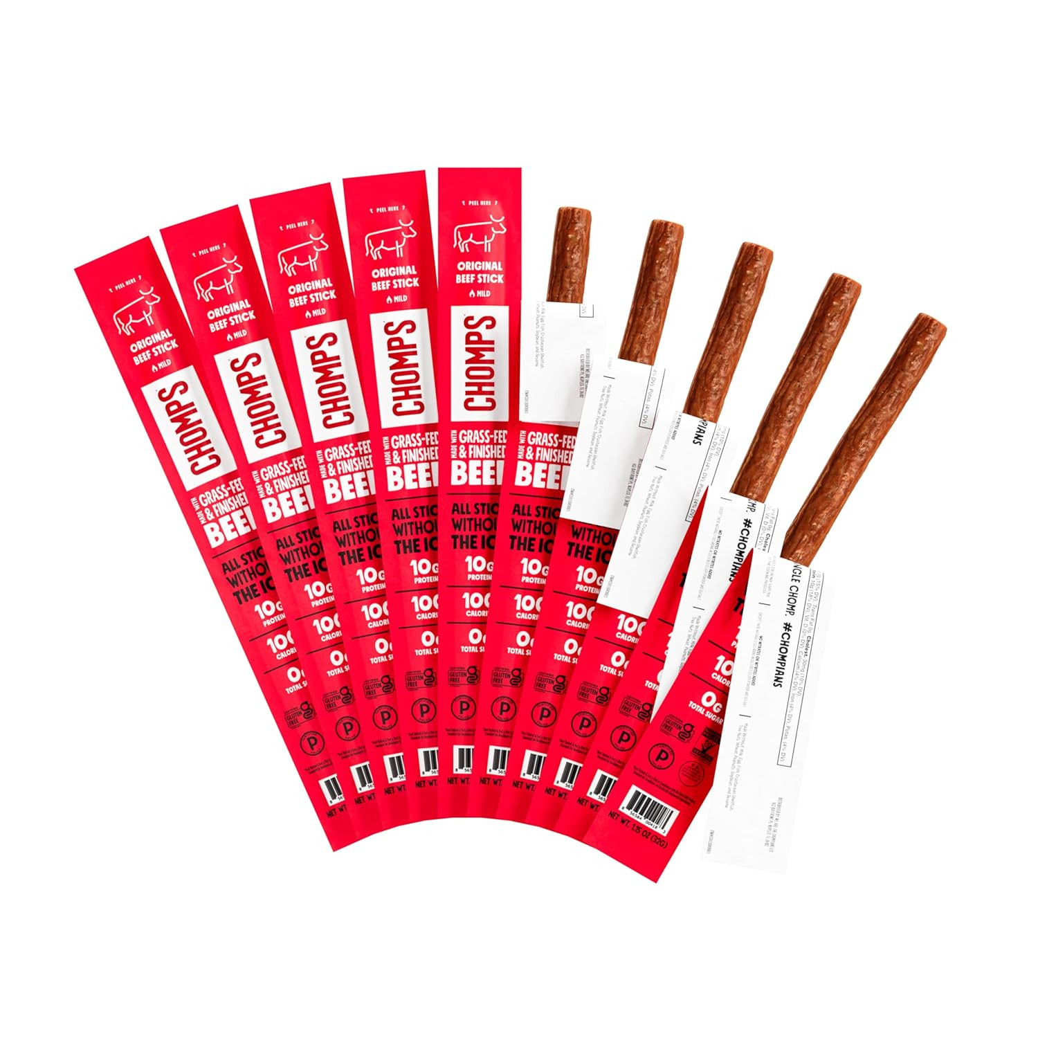 Chomps Grass-Fed and Finished Original Beef Jerky Snack Sticks 10-Pack - Keto, Paleo, Whole30, 10... | Amazon (US)
