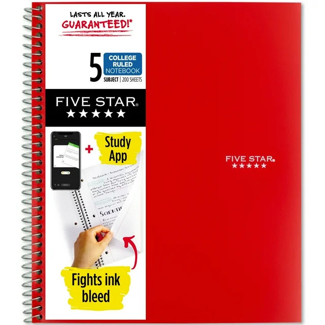 Five Star Spiral Notebook + Study App, 5 Subject, College Ruled, 8.5" x 11", Fire Red | Walmart (US)