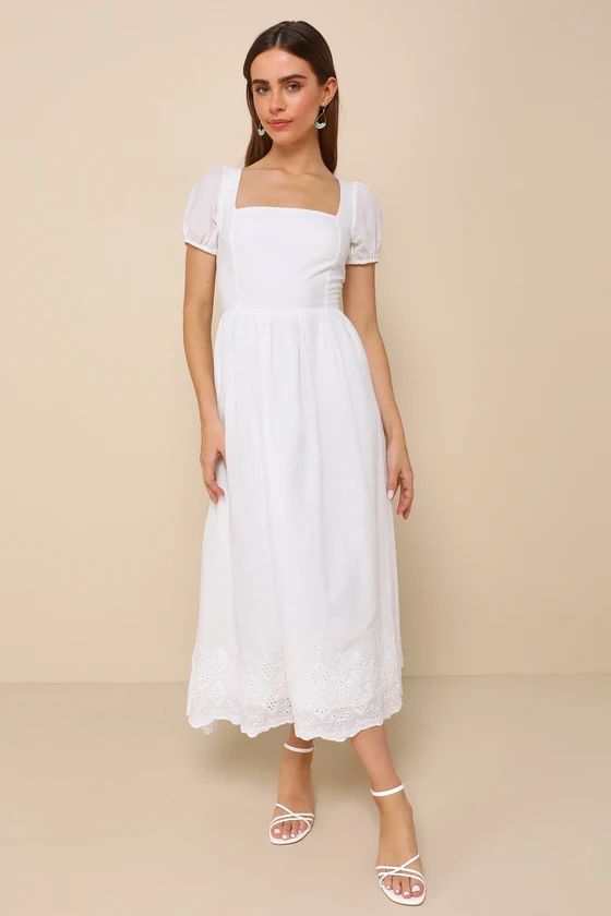 Stylish Merriment White Puff Sleeve Embroidered Midi Dress | Lulus
