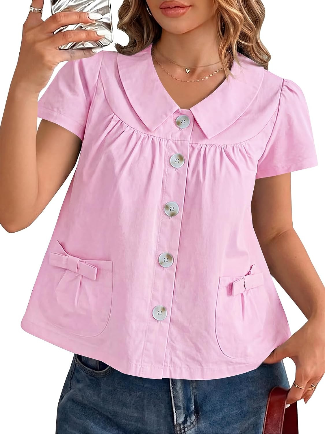 Tankaneo Womens Peter Pan Collar Button Down Shirts Short Sleeve Summer Casual Babydoll Blouse Cute Trendy Cotton Preppy Tops | Amazon (US)